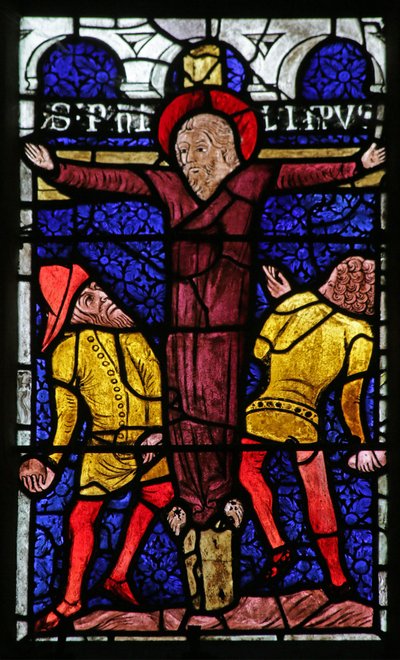 Vitrail représentant la lapidation de Saint Philippe sur une croix - French School